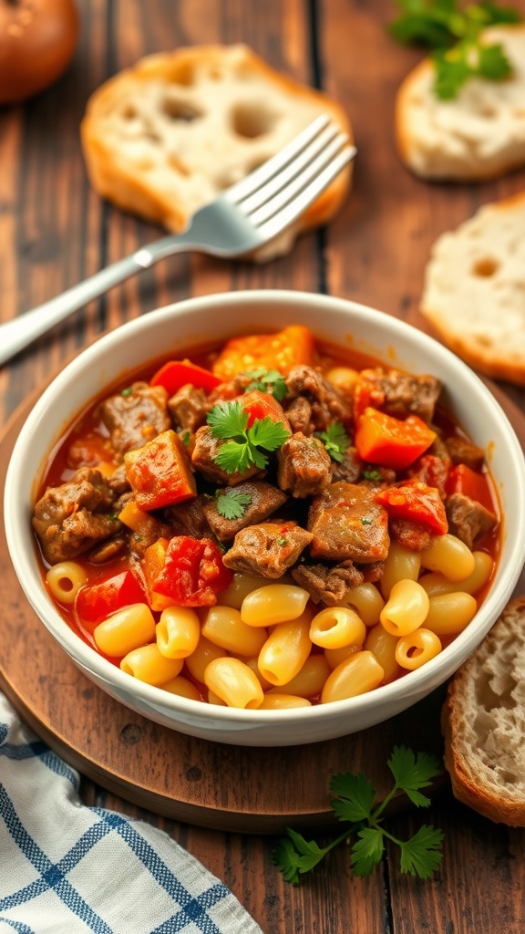 A comforting bowl of chopped beef goulash with beef, vegetables, and pasta on a rustic table.
